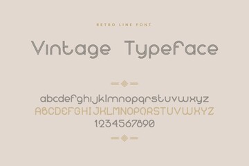 Retro font. Vintage line uppercase and lowercase letters and numbers for logo design and poster headers. Decorative text symbols template. Minimalist typography signs. Vector English language alphabet