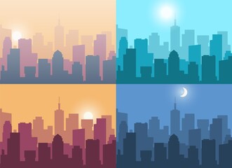 Naklejka premium Cityscape. City view at night or at sunrise and sunset. Landscape with high modern buildings. Urban panorama in morning or evening and at afternoon. Business downtown, vector skyscrapers illustration