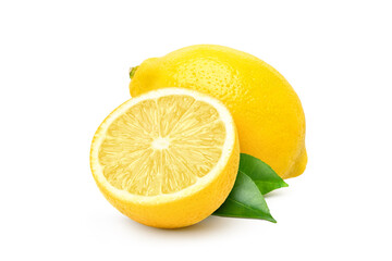 Natural Lemon fruit with cut in half and green leaf isolated on white background. Clipping path.