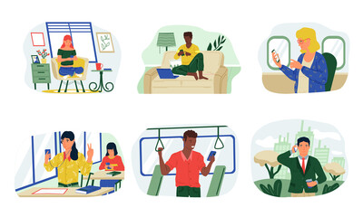 Scenes with smartphones. Cartoon people using mobile at home and school, outdoor and in transport. Young men and women call or exchange messages in chat and take selfies. Phone addiction, vector set