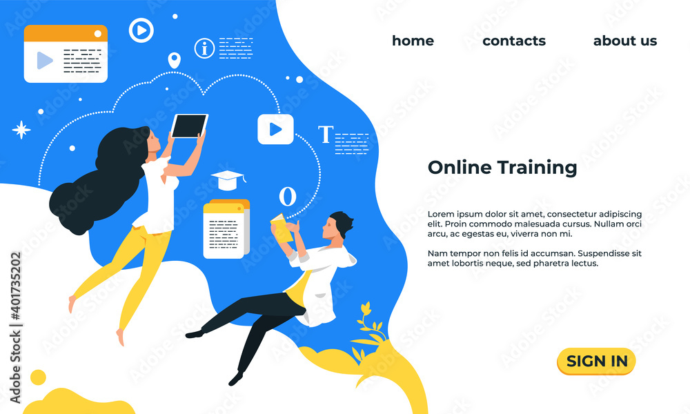 Poster Online training landing page. Web service with video courses. Educational lessons, people study distantly. Website interface. Modern template with lettering and buttons, vector UI mockup design