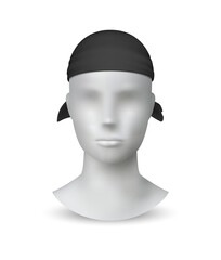 Realistic black bandana. Textile headwear on 3D white minimalistic mannequin. Modern unisex accessory for head and hair protection. Way to wear kerchief. Isolated cotton scarf, vector illustration