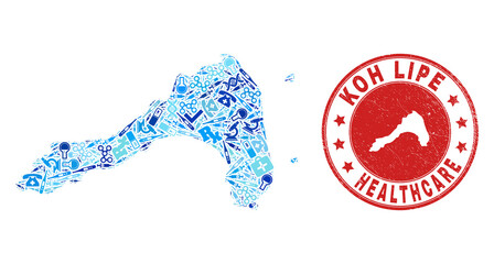 Vector collage Koh Lipe map with vaccination icons, chemical symbols, and grunge doctor seal stamp. Red round imprint with unclean rubber texture and Koh Lipe map caption and map.