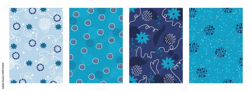 Poster notebook doodle cover. cartoon abstract blue banners with floral and geometric decorative elements. 
