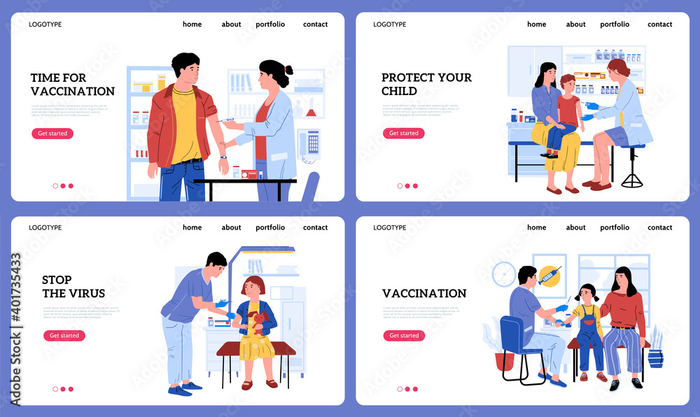 Poster vaccination landing page. cartoon people get injections of vaccine in hospital. doctors give inocula
