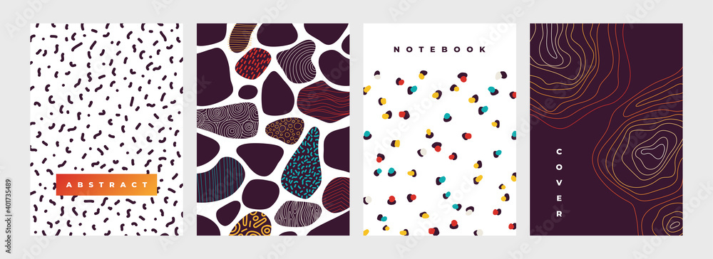 Poster Notebook cover. Abstract round shapes and repeated dots or curved lines. Minimalist mockup with lettering for booklet. Decorative geometric design. Modern stationery template, vector contemporary set
