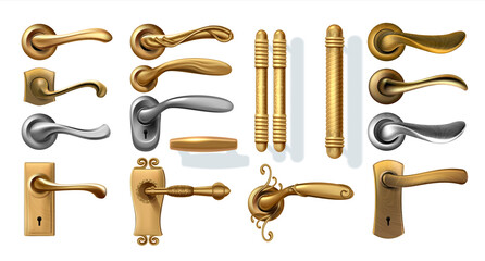 Golden door handles. 3D decorative interior elements from steel or silver and bronze metal. Realistic metallic furniture for windows. Classic and ornamental knobs with keyhole. Vector isolated set