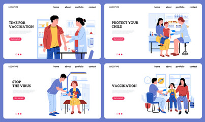 Vaccination landing page. Cartoon people get injections of vaccine in hospital. Doctors give inoculation to patients. Website interface. Prevention of contagious diseases. Vector web templates set