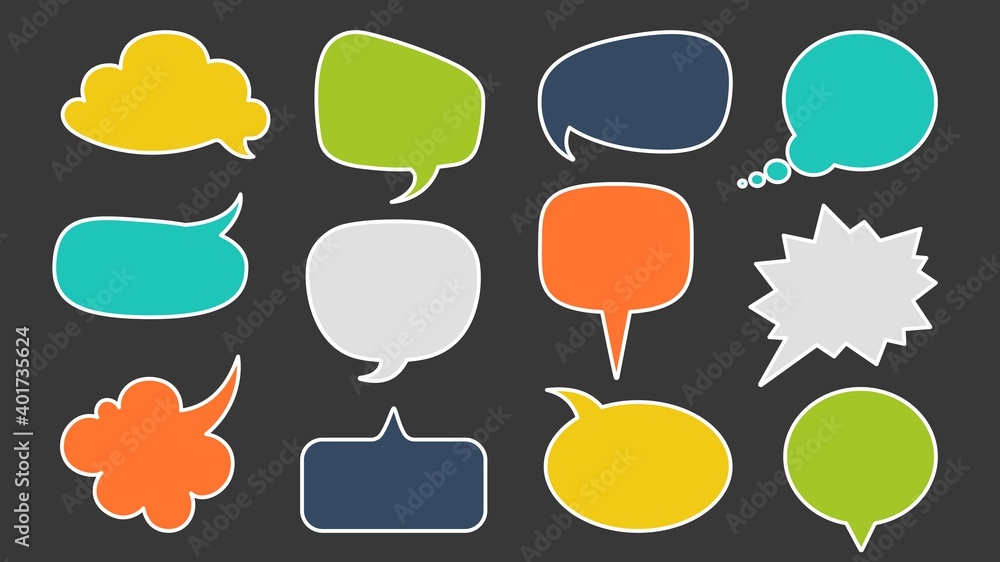 Aufkleber Speech bubbles for text. Dialogue talk comic colorful empty clouds, flat style blank message or comment geometric balloons collection, chatting or dialog elements template vector set with copy space