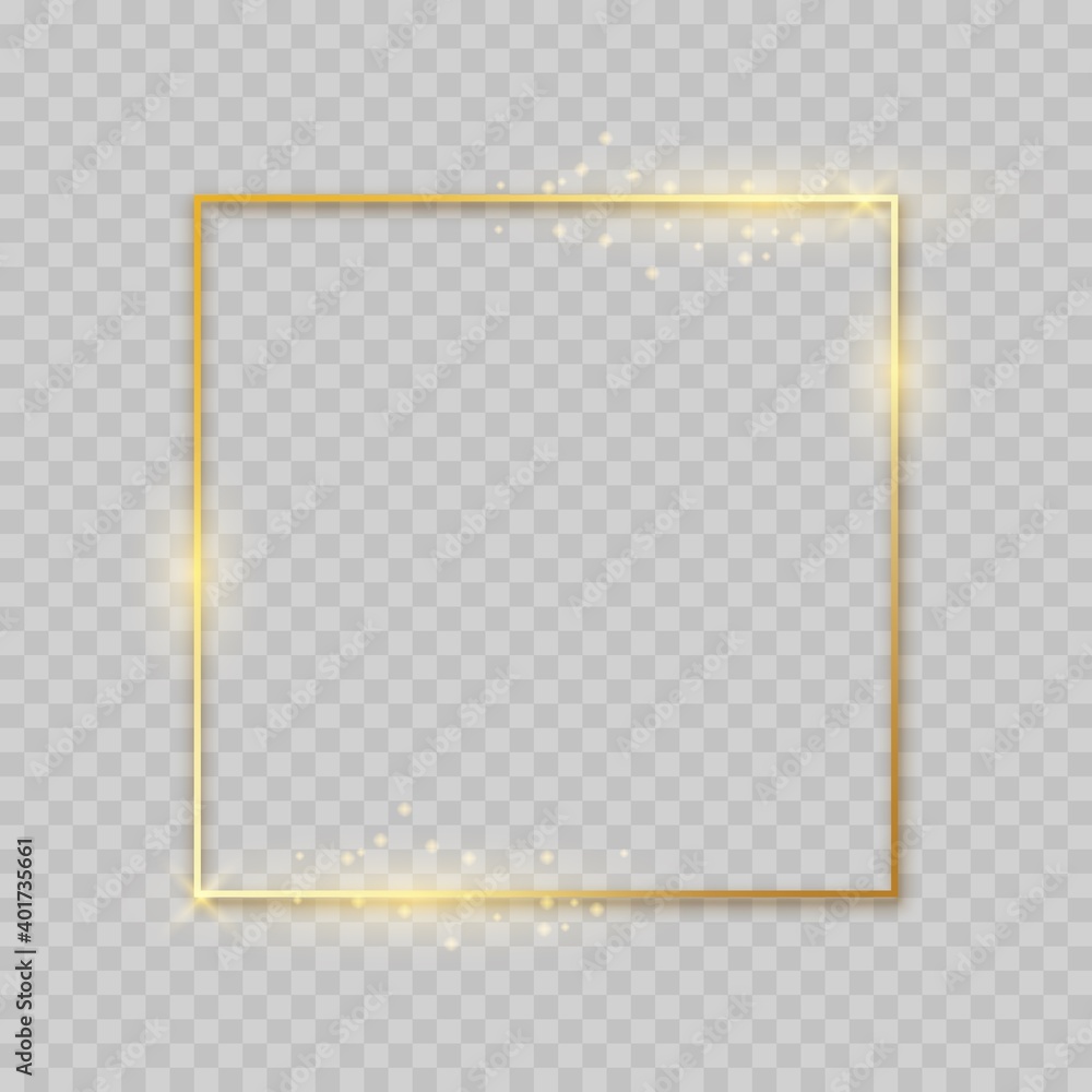 Poster shiny square golden frame. decoration border with glitter. glowing gold lines and flare on transpare