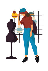Shopping. Cartoon woman at mall. Cute young female in casual cozy clothes and hat. Isolated modern girl in garment store. Minimalist human chooses headwear in accessory shop. Vector flat concept