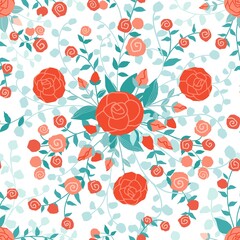 Flowers pattern. Cartoon seamless decoration summer bouquet elements for posters and invitation cards. Vector red roses with green leaves texture for printing, decor textile, wrapping and wallpaper