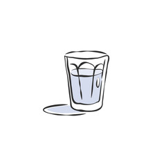 Glass shot vodka with shadow. Drink element. Color object. Retro wineglass hand draw for any purposes. Restaurant illustration. Simple sketch. Isolated on white background in engraving style