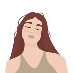 Smiling beautiful red hair girl with 
freckles. Nice vector flat illustration on a white background for the design of materials about cosmetics, skin, personal care. Portrait of girl with long hair.