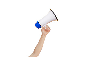 Female hand holding megaphone for announcement and advertisement. (Clipping path)