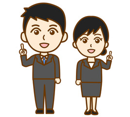 人差し指を立ててポイントを説明するリクルートスーツ姿の男女の全身イラスト