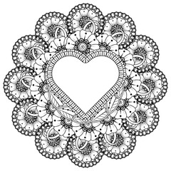 Circular pattern in form of mandala with frame in shape of heart. Decorative ornament in ethnic oriental mehndi style.