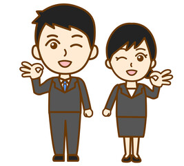 OKのジェスチャーをするリクルートスーツ姿の男女の全身イラスト