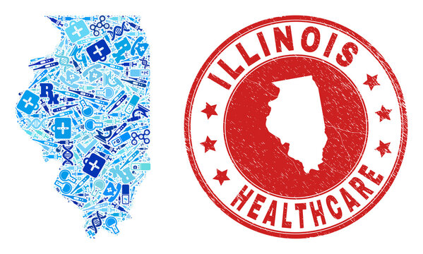 Vector Mosaic Illinois State Map With Injection Icons, First Aid Symbols, And Grunge Health Care Rubber Imitation. Red Round Seal With Grunge Rubber Texture And Illinois State Map Caption And Map.