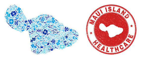 Vector mosaic Maui Island map with syringe icons, receipt symbols, and grunge doctor seal stamp. Red round seal with grunge rubber texture and Maui Island map word and map.