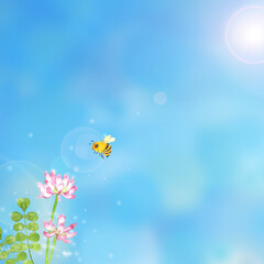 Fototapeta na wymiar レンゲの花と蜜蜂の風景　水彩イラスト