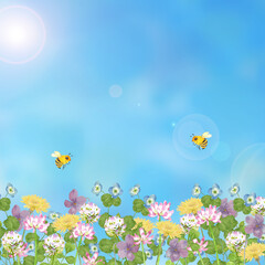 Fototapeta na wymiar 春の草花と蜂　水彩イラスト
