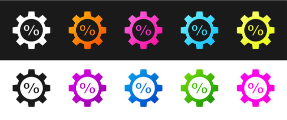 Set Gear with percent icon isolated on black and white background. Vector Illustration.