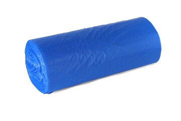 Blue plastic polyethylene garbage bag roll isolated on white background