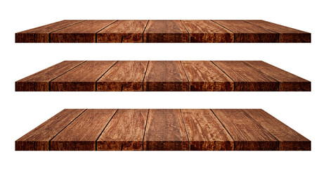 Empty dark wooden shelf isolated on white background. (Clipping path)