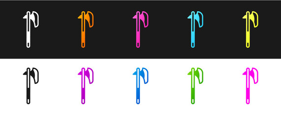 Set Medieval axe icon isolated on black and white background. Battle axe, executioner axe. Medieval weapon. Vector.