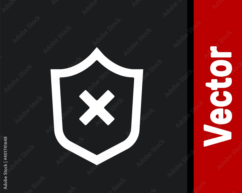 Poster white shield with cross mark icon isolated on black background. shield and rejected. notice of refus