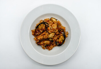 Risotto with seafood. Risotto ai frutti di mare, isolated on white background