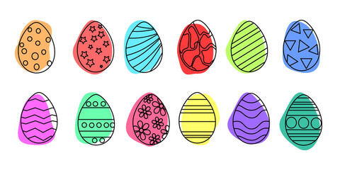Easter eggs black outline with colored background. Doodle style. Vector illustration on a white isolated background.