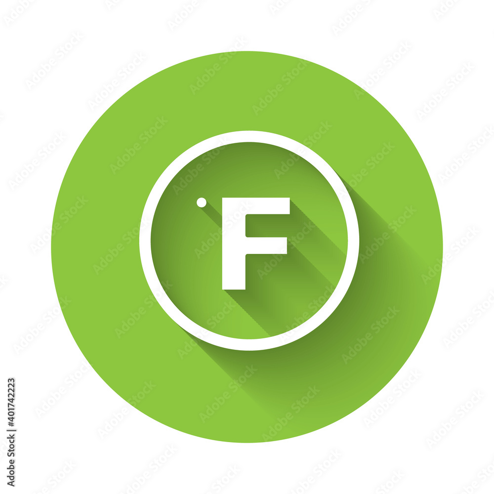 Poster white fahrenheit icon isolated with long shadow. green circle button. vector.