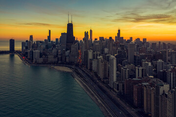 Fototapeta na wymiar Sunset above Chicago Downtown, United States. Aerial view