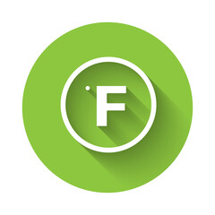 White Fahrenheit icon isolated with long shadow. Green circle button. Vector.