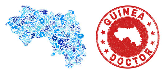 Vector mosaic Republic of Guinea map of healthcare icons, laboratory symbols, and grunge healthcare stamp. Red round stamp with grunge rubber texture and Republic of Guinea map caption and map.