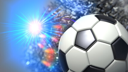 Soccer ball with blue flash flare light with particle under gray background. 3D illustration. 3D CG. 3D high quality rendering.