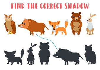Find the correct shadow. Educational matching game for children. Kids learning game. Preschool worksheet activity. Cartoon animals owl, wild boar, fox, bear, hare