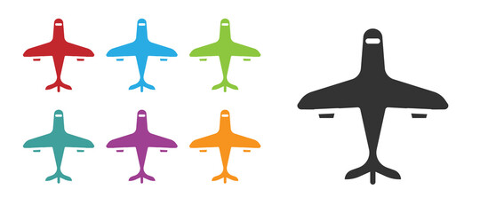 Black Plane icon isolated on white background. Flying airplane icon. Airliner sign. Set icons colorful. Vector.