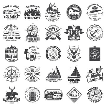 Set of sailing club, hunting club and camping badges, patches. Vector. Concept for shirt or logo, print, stamp or tee. Design with sailing boat, motor home, camping trailer silhouette.