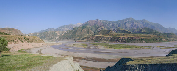 Panoramic view on the Vakhsh valley and Vakhsh river, between Roghun dam and Garm, Tajikistan