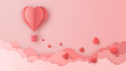 3D origami hot air balloon flying with heart love text background. Love concept design for happy mother's day, valentine's day, birthday day. Poster and greeting card template. Paper art illustration.
