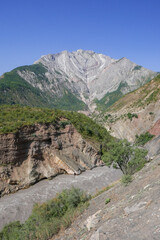 View of Shavruz mountain and Khingob river gorge between Tavildara and Khoburobot pass, Tajikistan with spectacular geology