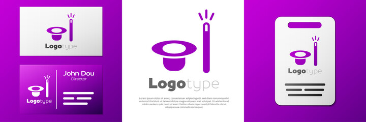 Logotype Magic hat and wand icon isolated on white background. Magic trick. Mystery entertainment concept. Logo design template element. Vector.