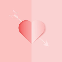 3D origami with heart and arrow background. Love concept design for valentine's day. Poster and greeting card template. Vector paper art illustration.