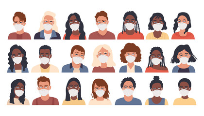 People in protective mask avatar big bundle set. Different ethnicity and age men and women avatar. Collection of female and male characters following recommendations for the prevention of coronavirus.