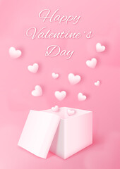 3D gift box with heart flying on pink background. Love concept design for happy valentine's day. Poster and greeting card template. Vector art illustration.