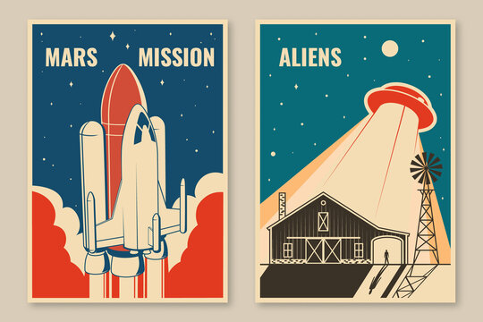Mars mission posters, banners, flyers. Vector. Concept for shirt, print, stamp, overlay or template. Vintage typography design with space rocket and ufo flying spaceship silhouette.