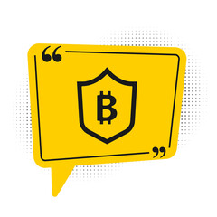 Black Shield with bitcoin icon isolated on white background. Cryptocurrency mining, blockchain technology, security, protect, digital money. Yellow speech bubble symbol. Vector.